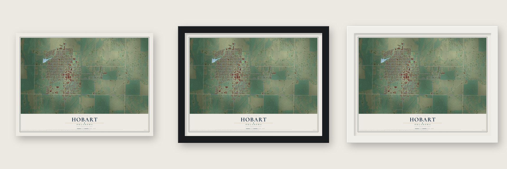 Hobart, Oklahoma map unframed, in a black wood frame and in a white wood frame