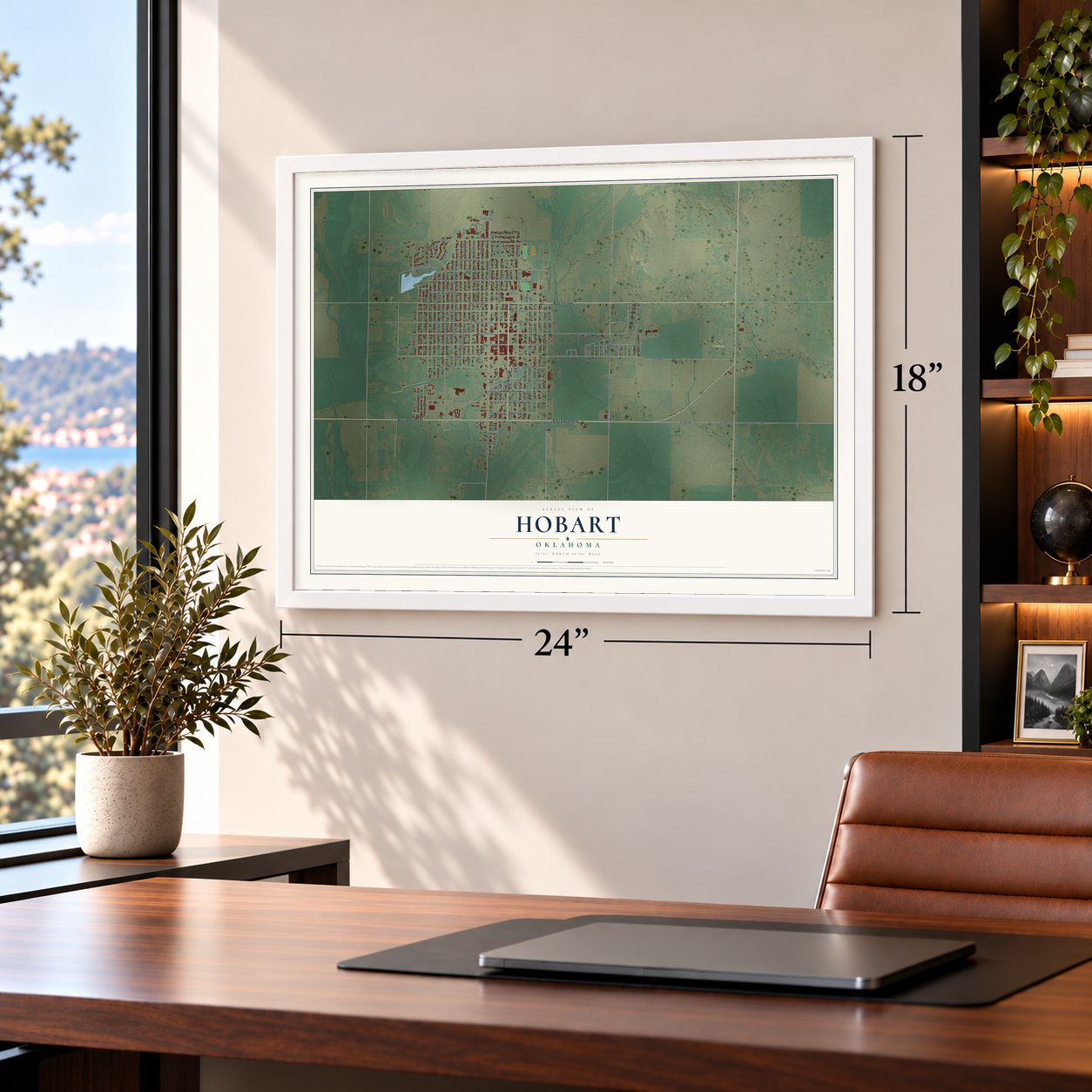 Hobart, Oklahoma map, 18 x 24 inch print in a white frame in a home office