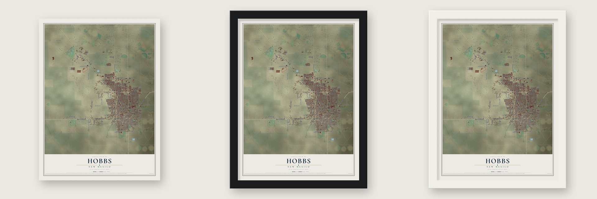 Hobbs, New Mexico map unframed, in a black wood frame and in a white wood frame