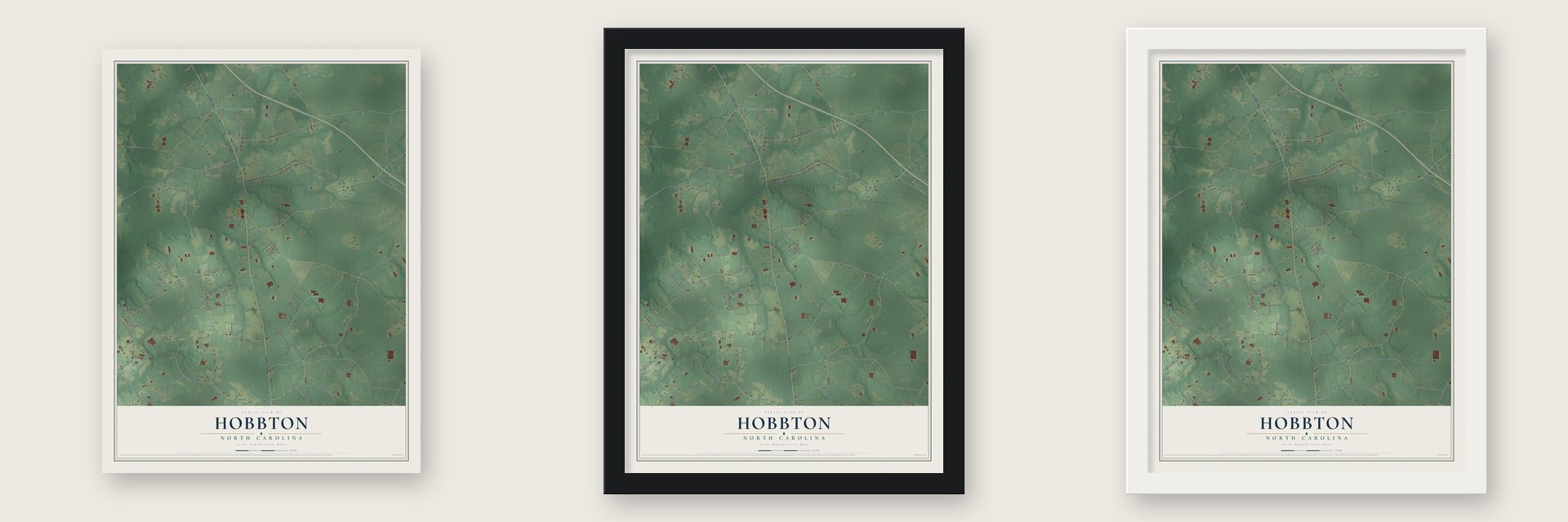 Hobbton, North Carolina map unframed, in a black wood frame and in a white wood frame