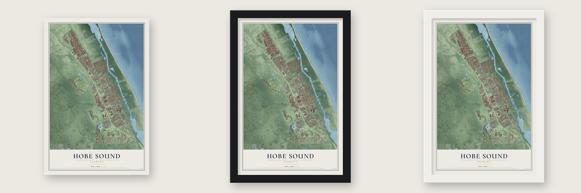 Hobe Sound, Florida map unframed, in a black wood frame and in a white wood frame