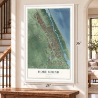 Hobe Sound, Florida map, 24 x 36 inch print in a white frame by a staircase
