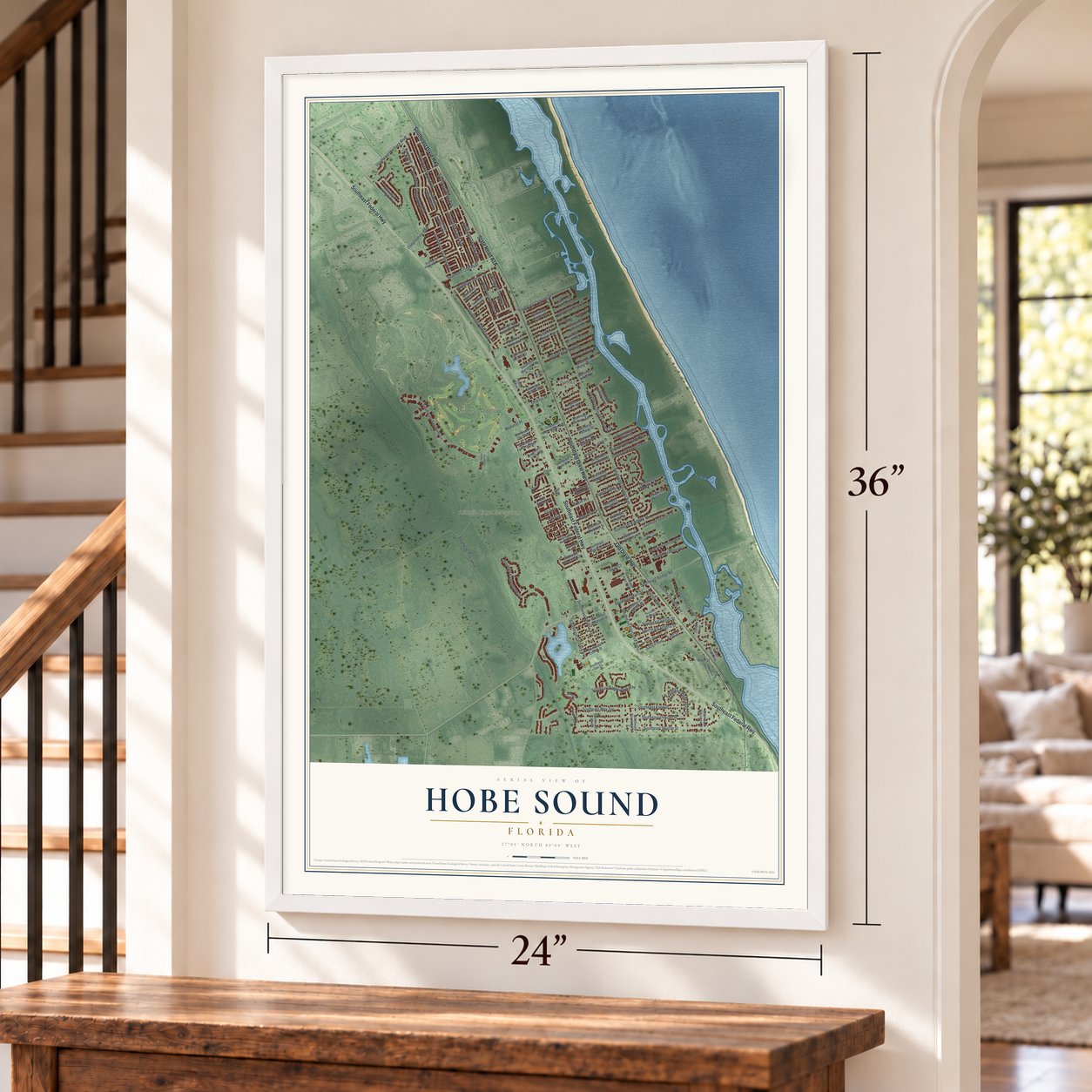 Hobe Sound, Florida map, 24 x 36 inch print in a white frame by a staircase
