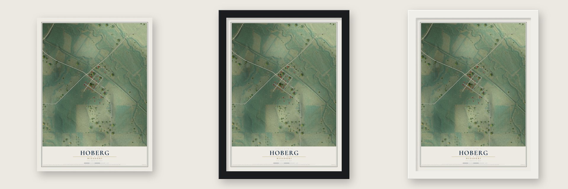 Hoberg, Missouri map unframed, in a black wood frame and in a white wood frame