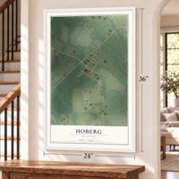 Hoberg, Missouri map, 24 x 36 inch print in a white frame by a staircase