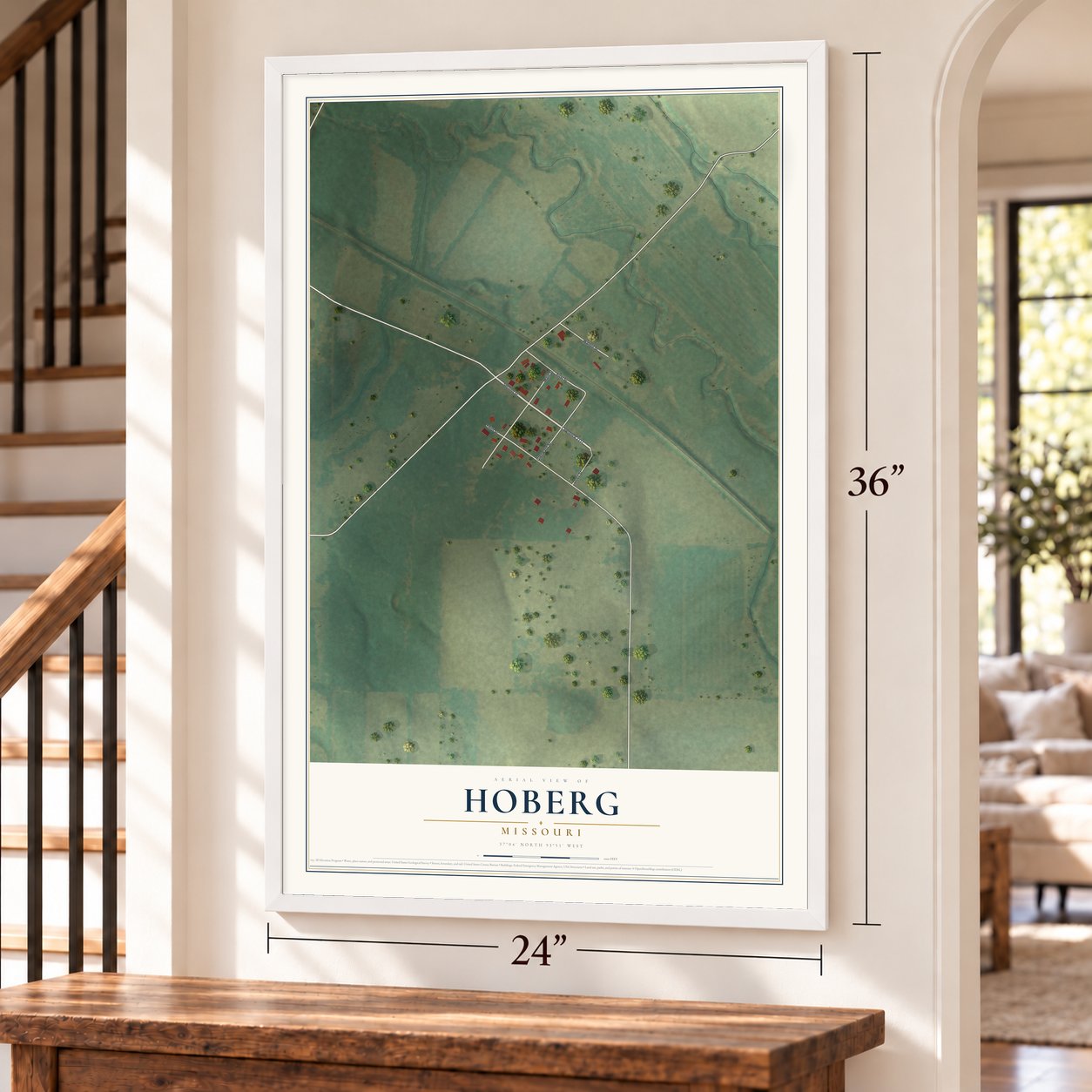 Hoberg, Missouri map, 24 x 36 inch print in a white frame by a staircase