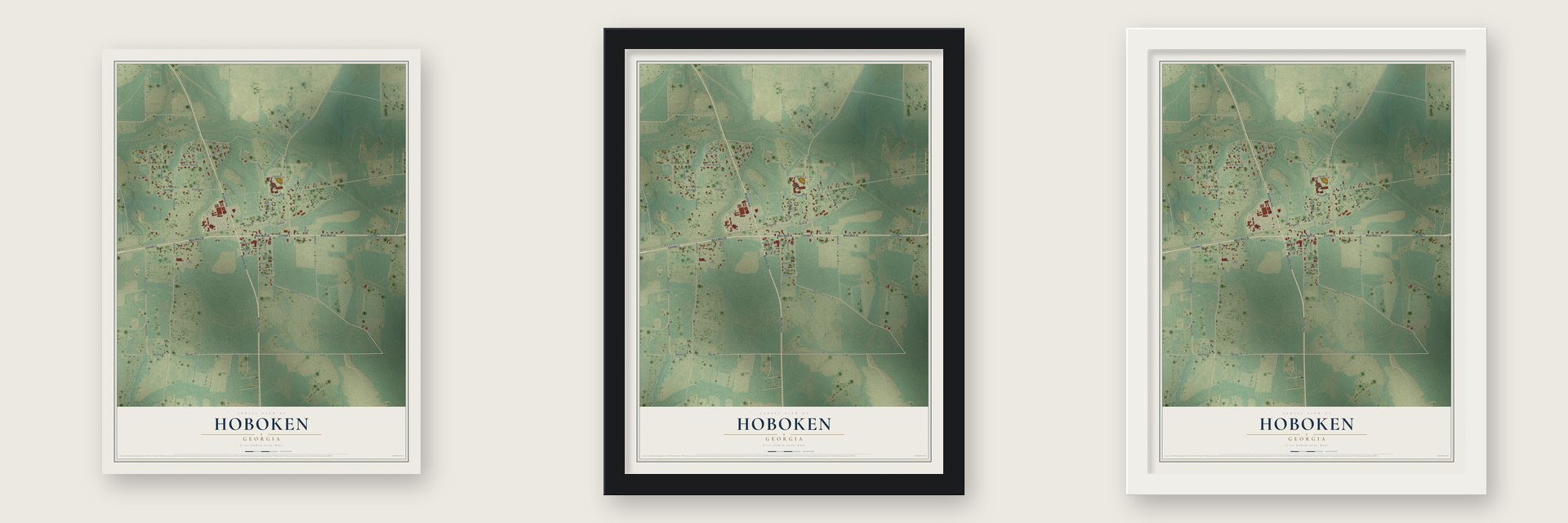 Hoboken, Georgia map unframed, in a black wood frame and in a white wood frame