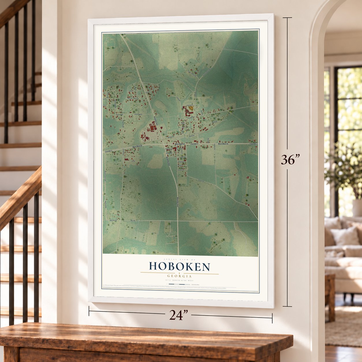 Hoboken, Georgia map, 24 x 36 inch print in a white frame by a staircase