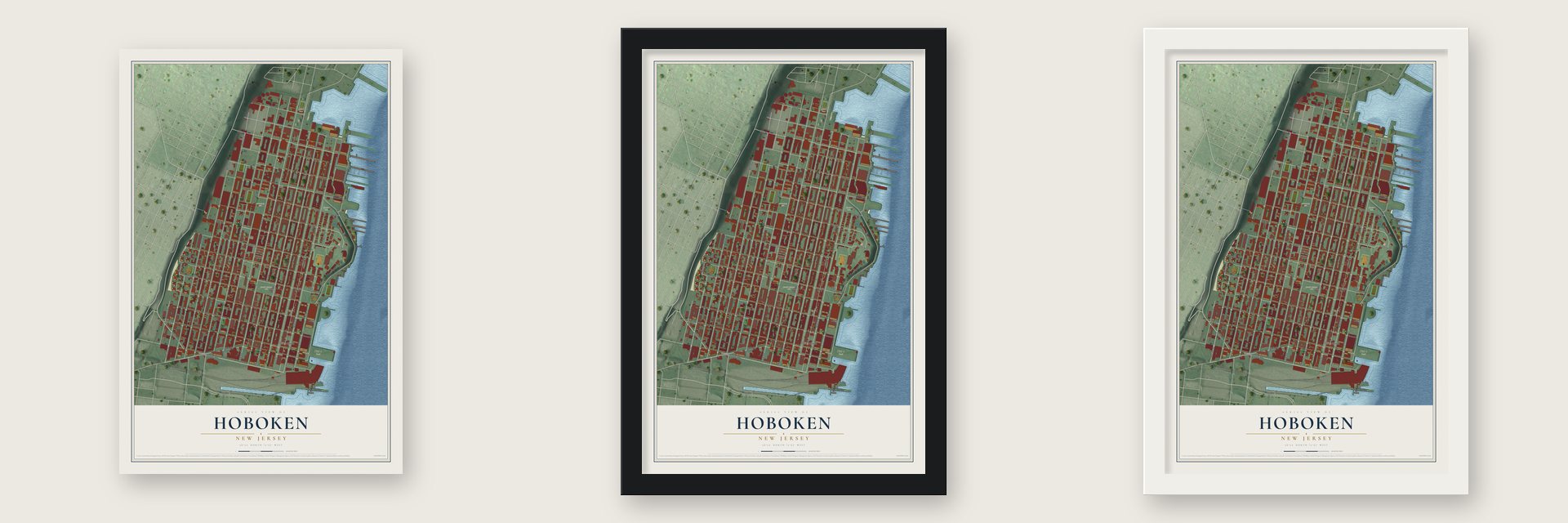 Hoboken, New Jersey map unframed, in a black wood frame and in a white wood frame
