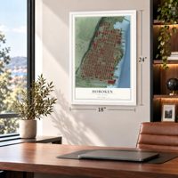 Hoboken, New Jersey map, 18 x 24 inch print in a white frame in a home office