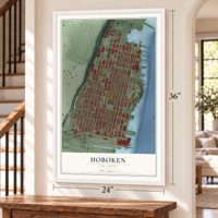 Hoboken, New Jersey map, 24 x 36 inch print in a white frame by a staircase