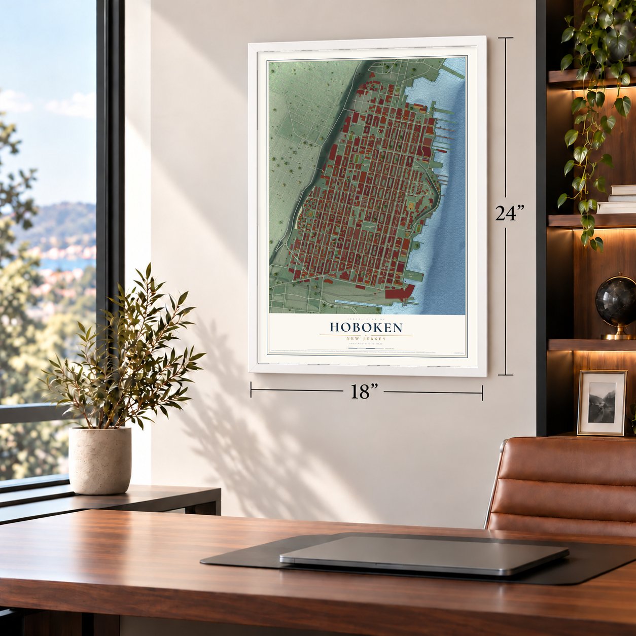 Hoboken, New Jersey map, 18 x 24 inch print in a white frame in a home office