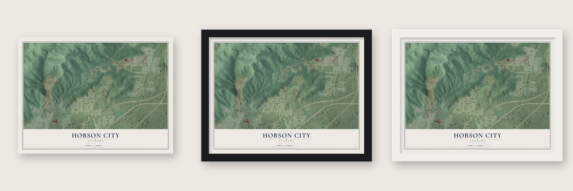 Hobson City, Alabama map unframed, in a black wood frame and in a white wood frame