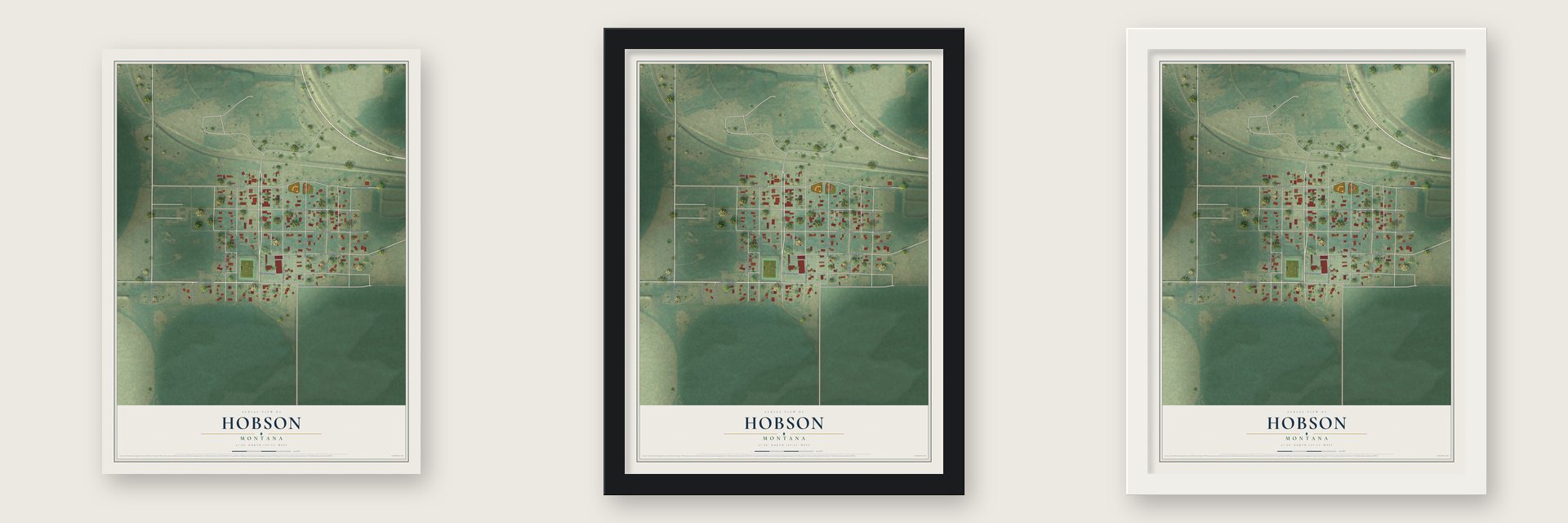 Hobson, Montana map unframed, in a black wood frame and in a white wood frame