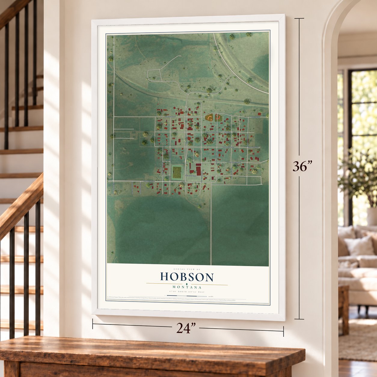 Hobson, Montana map, 24 x 36 inch print in a white frame by a staircase