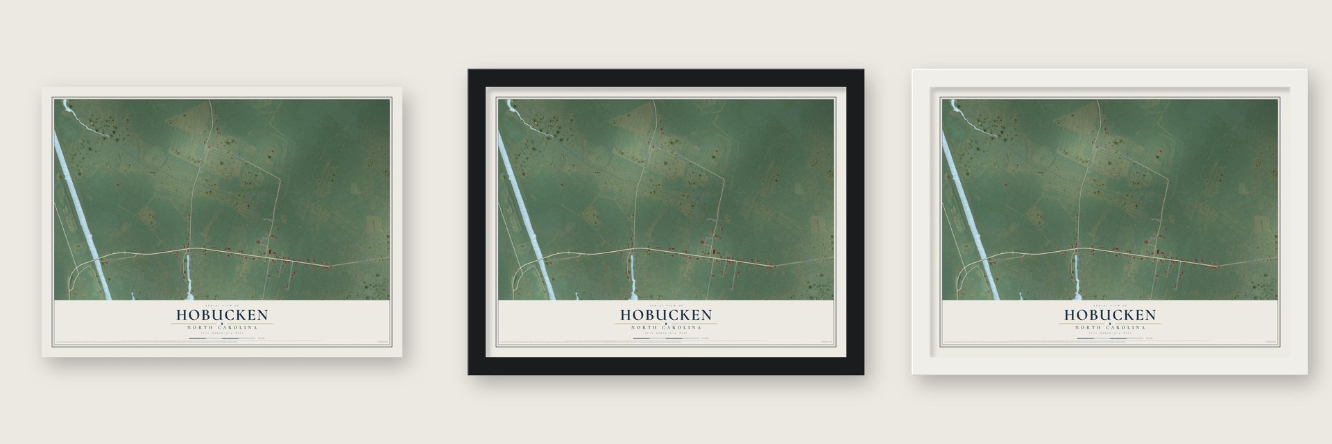 Hobucken, North Carolina map unframed, in a black wood frame and in a white wood frame