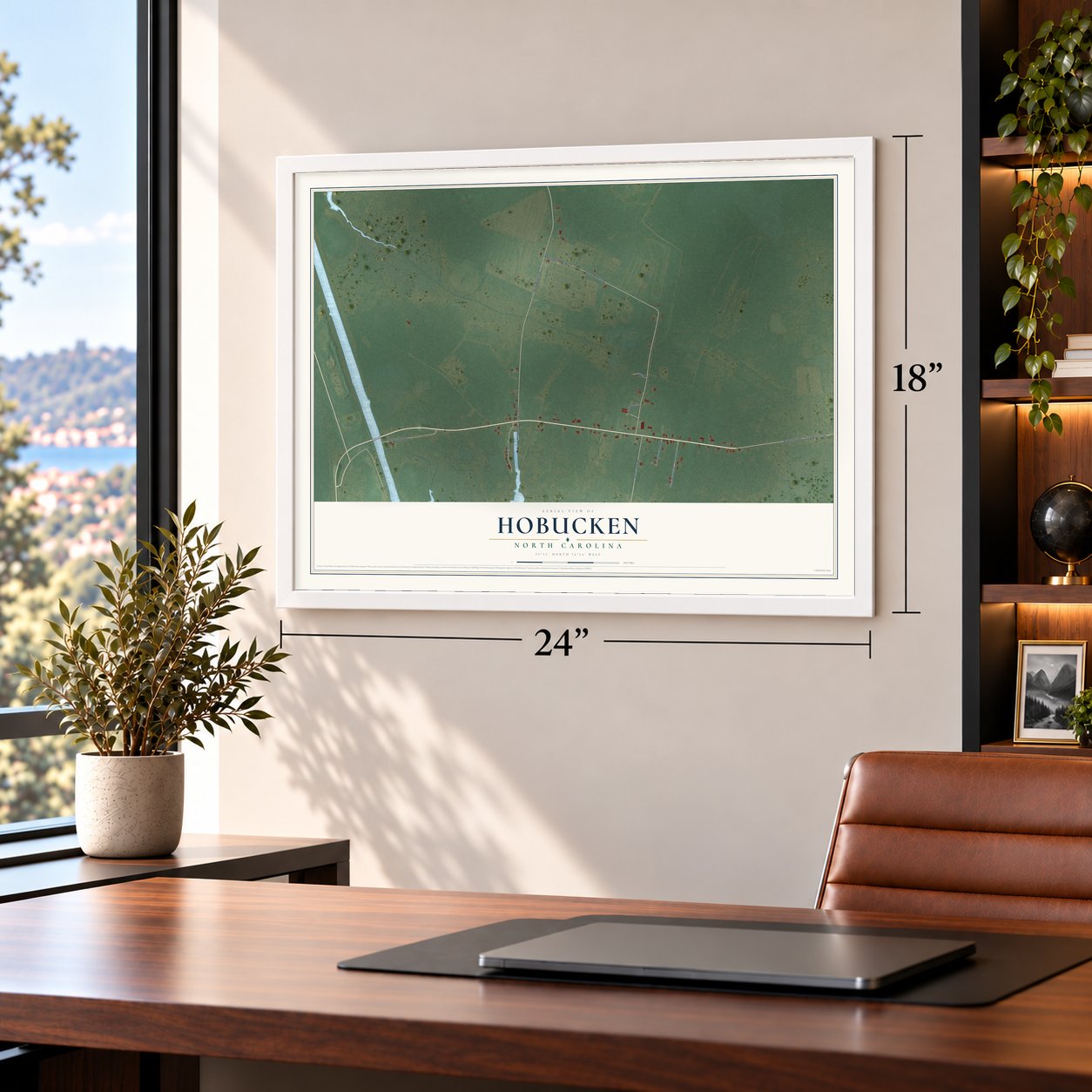 Hobucken, North Carolina map, 18 x 24 inch print in a white frame in a home office