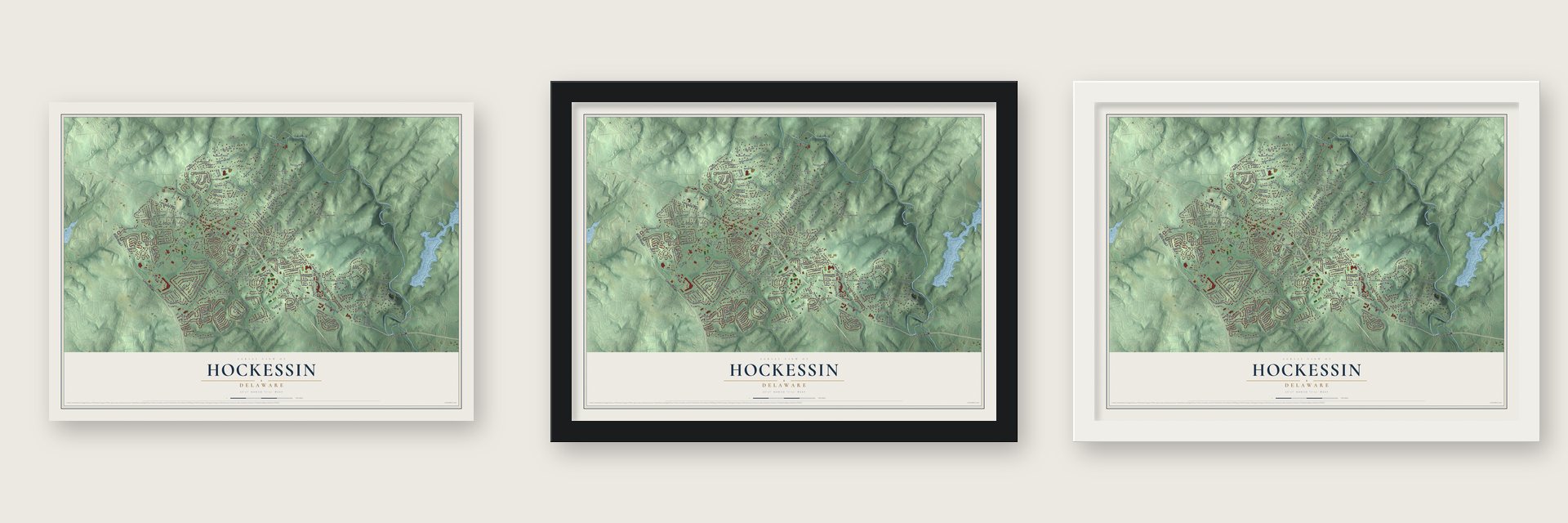 Hockessin, Delaware map unframed, in a black wood frame and in a white wood frame