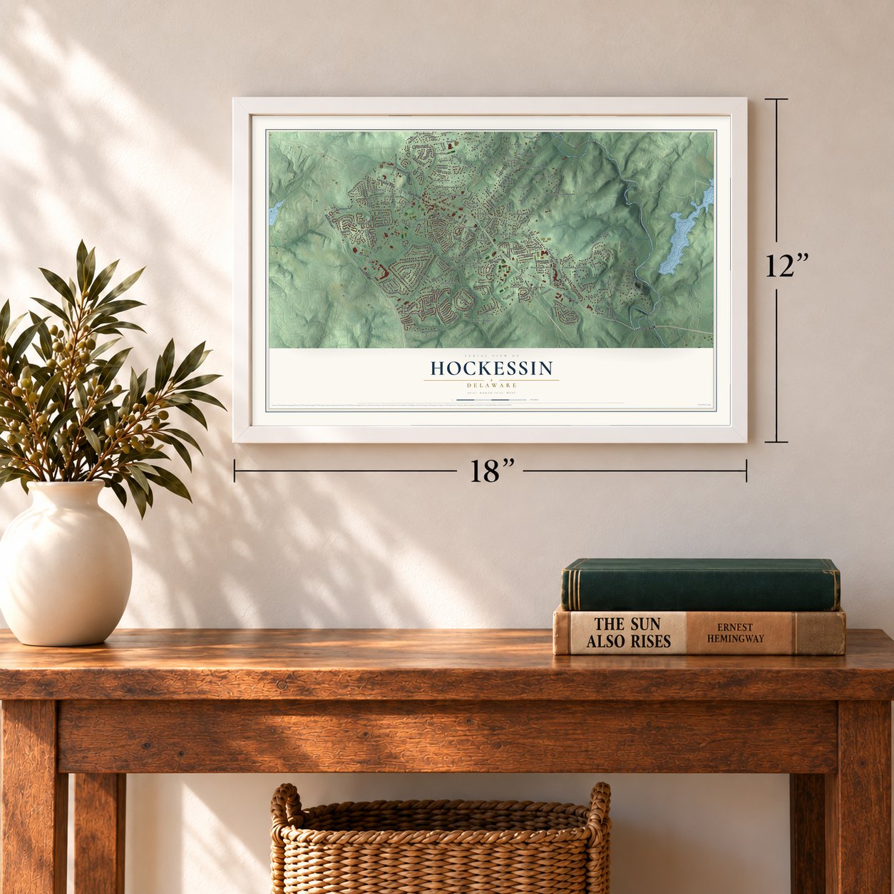 Hockessin, Delaware map, 12 x 18 inch print in a white frame in an entryway