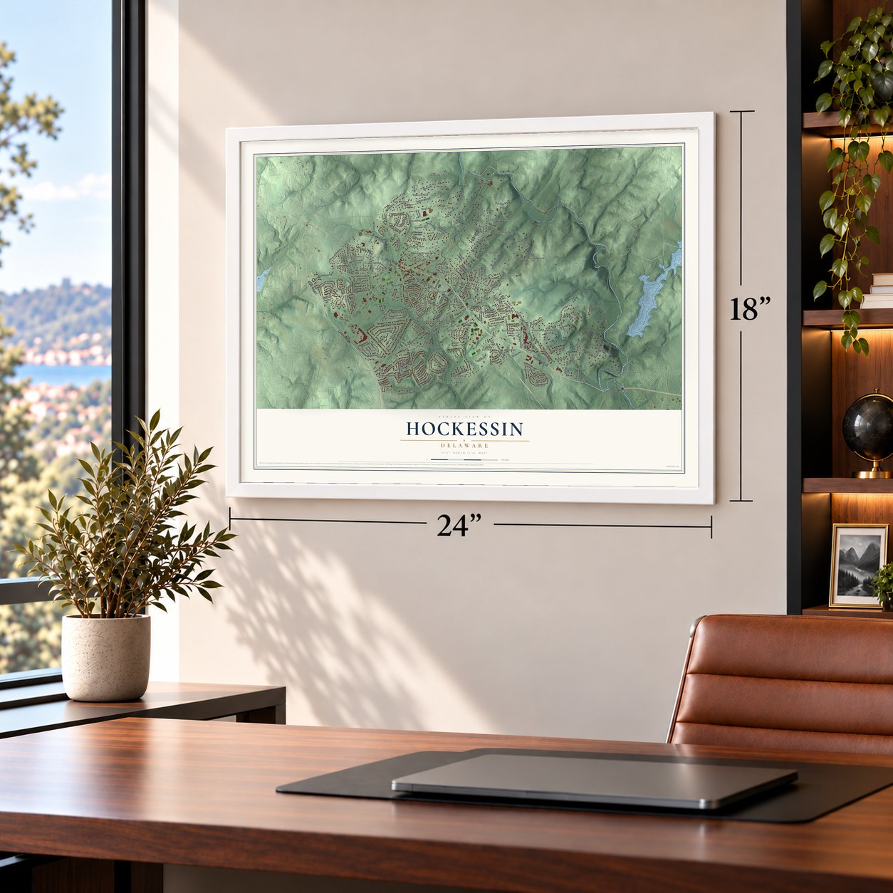 Hockessin, Delaware map, 18 x 24 inch print in a white frame in a home office