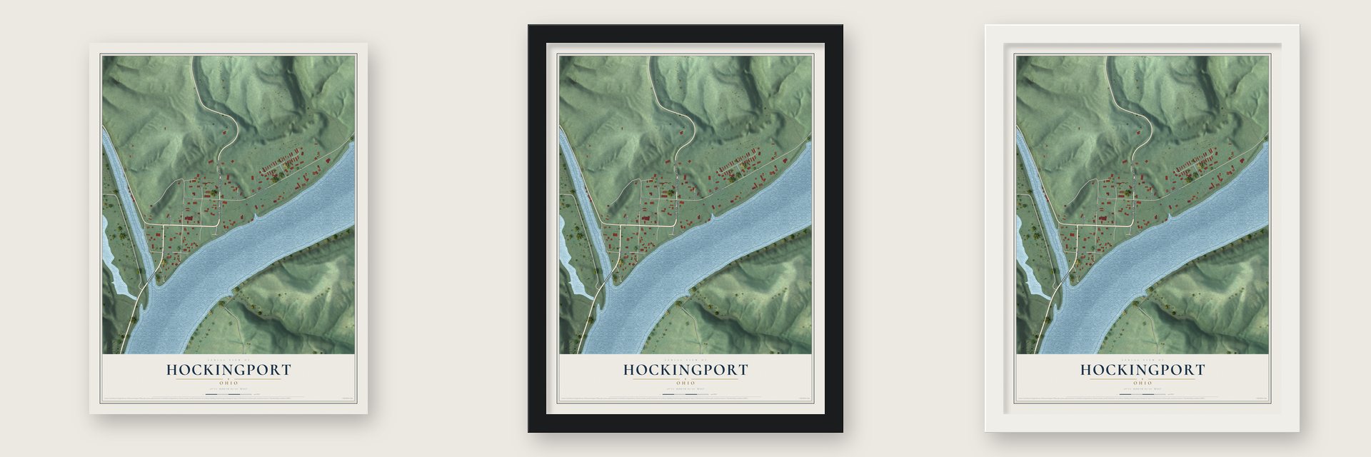 Hockingport, Ohio map unframed, in a black wood frame and in a white wood frame