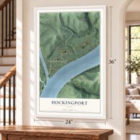 Hockingport, Ohio map, 24 x 36 inch print in a white frame by a staircase