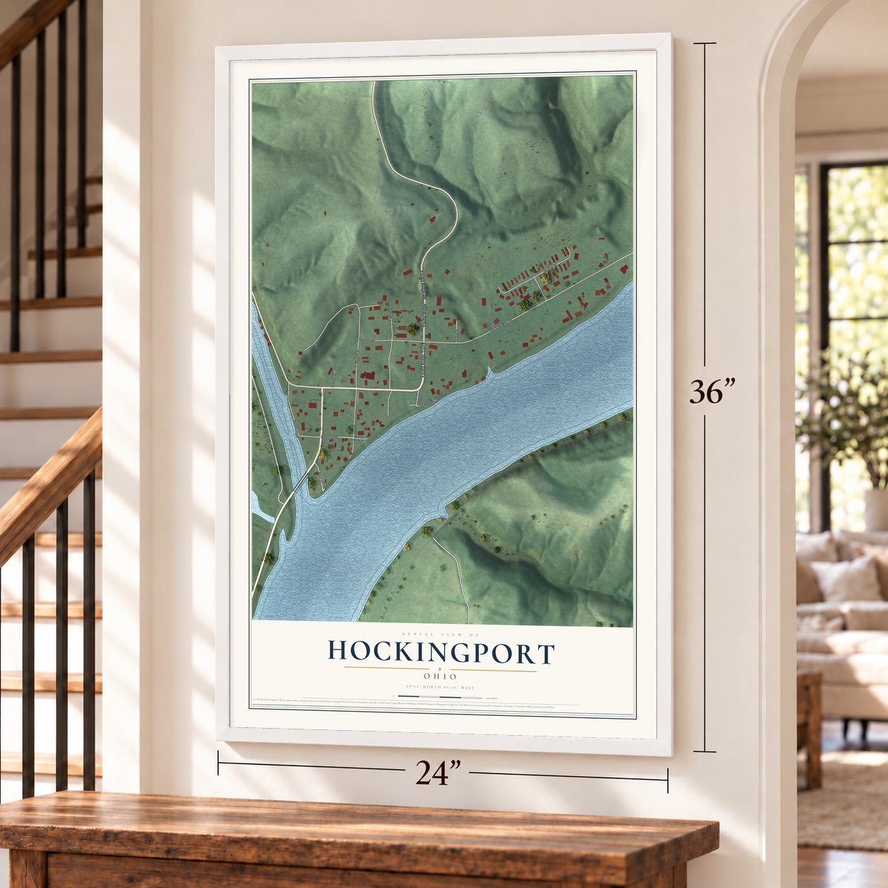 Hockingport, Ohio map, 24 x 36 inch print in a white frame by a staircase