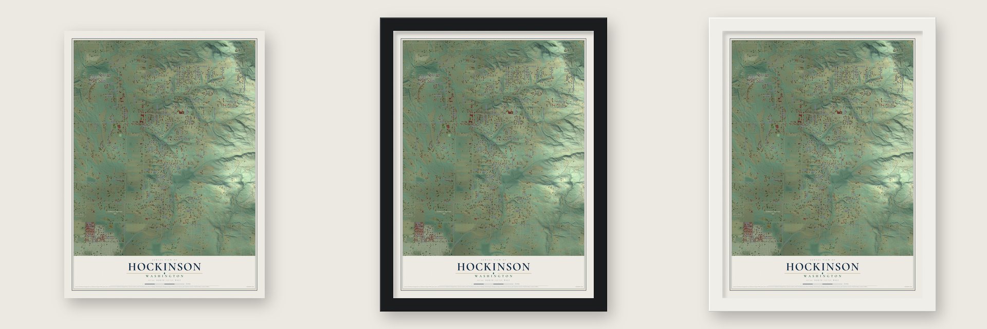 Hockinson, Washington map unframed, in a black wood frame and in a white wood frame