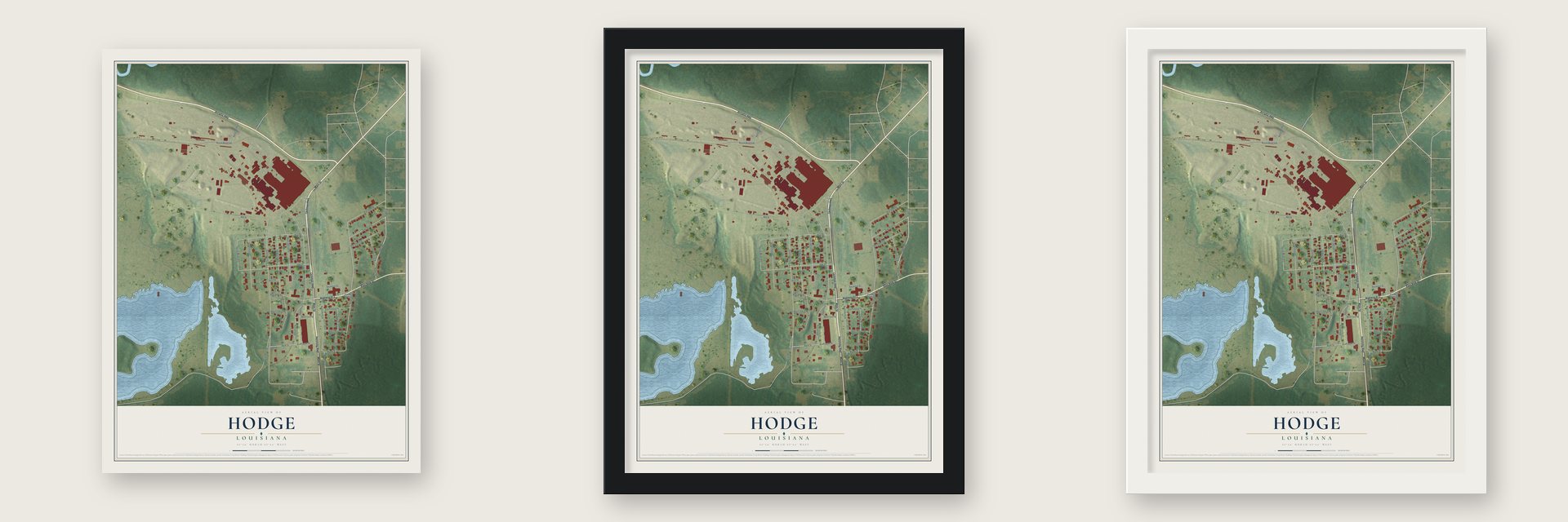 Hodge, Louisiana map unframed, in a black wood frame and in a white wood frame