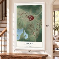 Hodge, Louisiana map, 24 x 36 inch print in a white frame by a staircase
