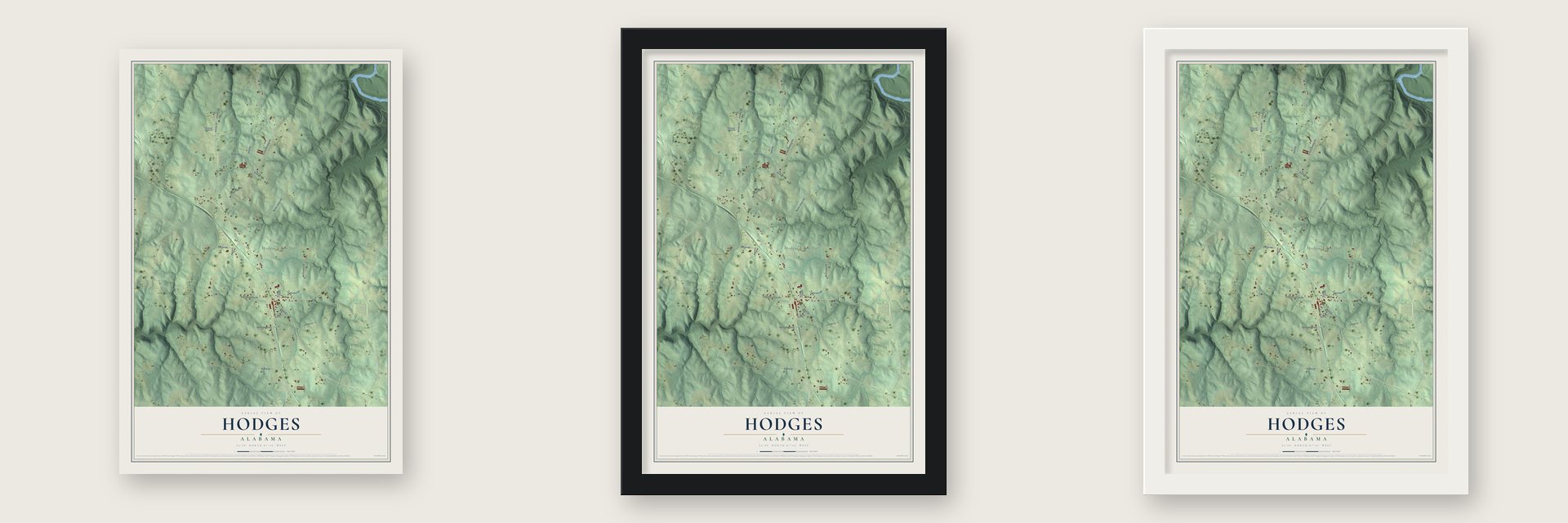 Hodges, Alabama map unframed, in a black wood frame and in a white wood frame