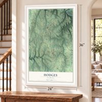 Hodges, Alabama map, 24 x 36 inch print in a white frame by a staircase