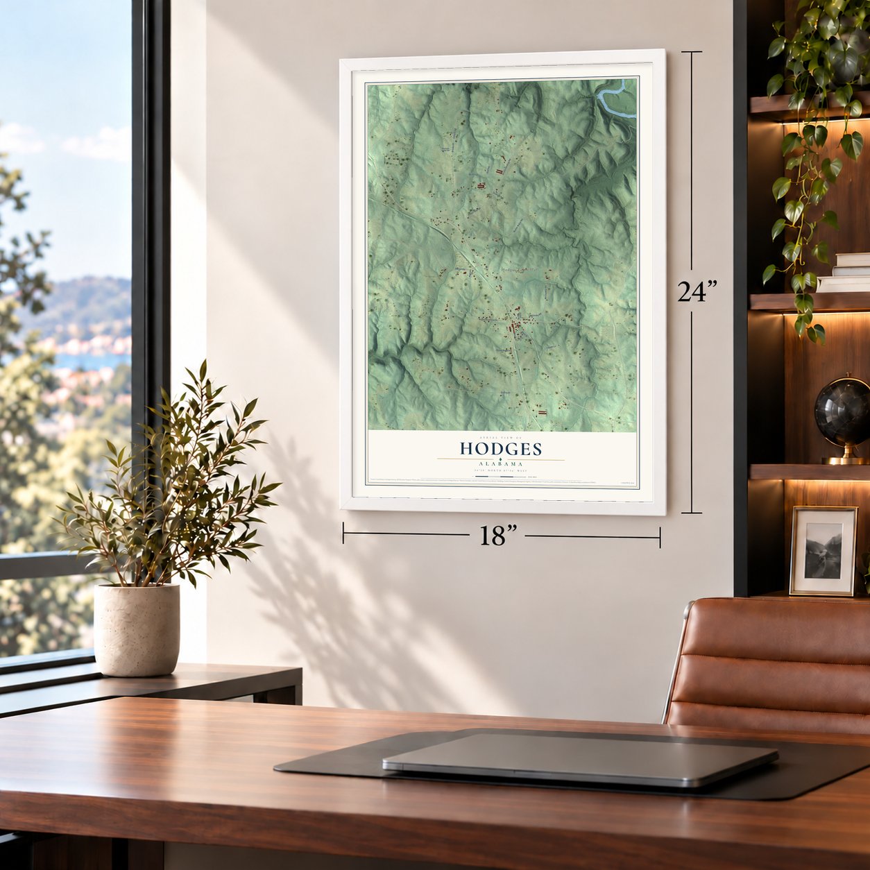 Hodges, Alabama map, 18 x 24 inch print in a white frame in a home office