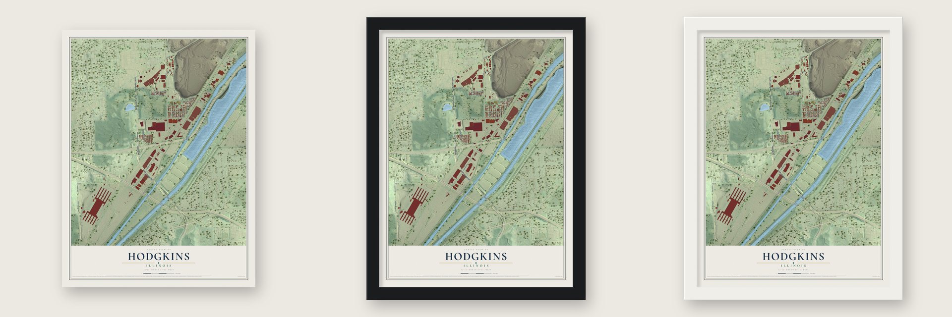Hodgkins, Illinois map unframed, in a black wood frame and in a white wood frame