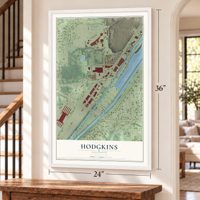 Hodgkins, Illinois map, 24 x 36 inch print in a white frame by a staircase