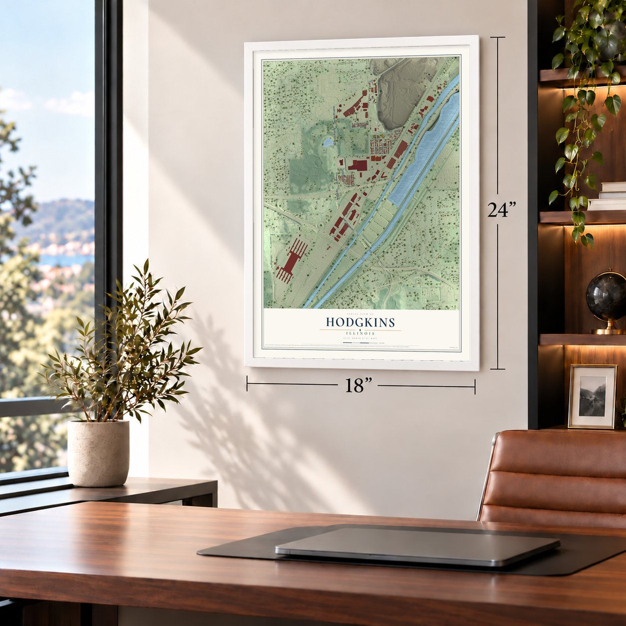 Hodgkins, Illinois map, 18 x 24 inch print in a white frame in a home office