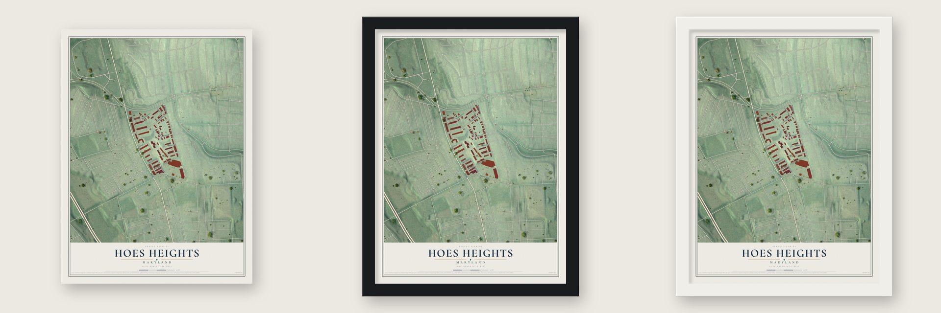 Hoes Heights, Maryland map unframed, in a black wood frame and in a white wood frame
