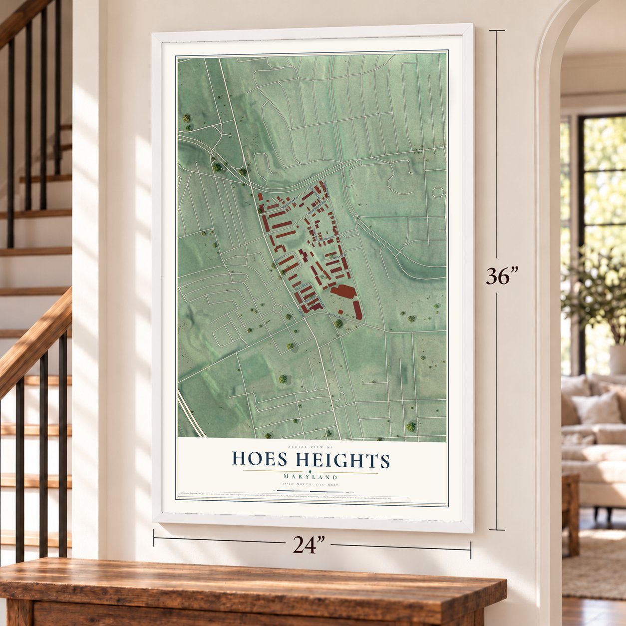 Hoes Heights, Maryland map, 24 x 36 inch print in a white frame by a staircase