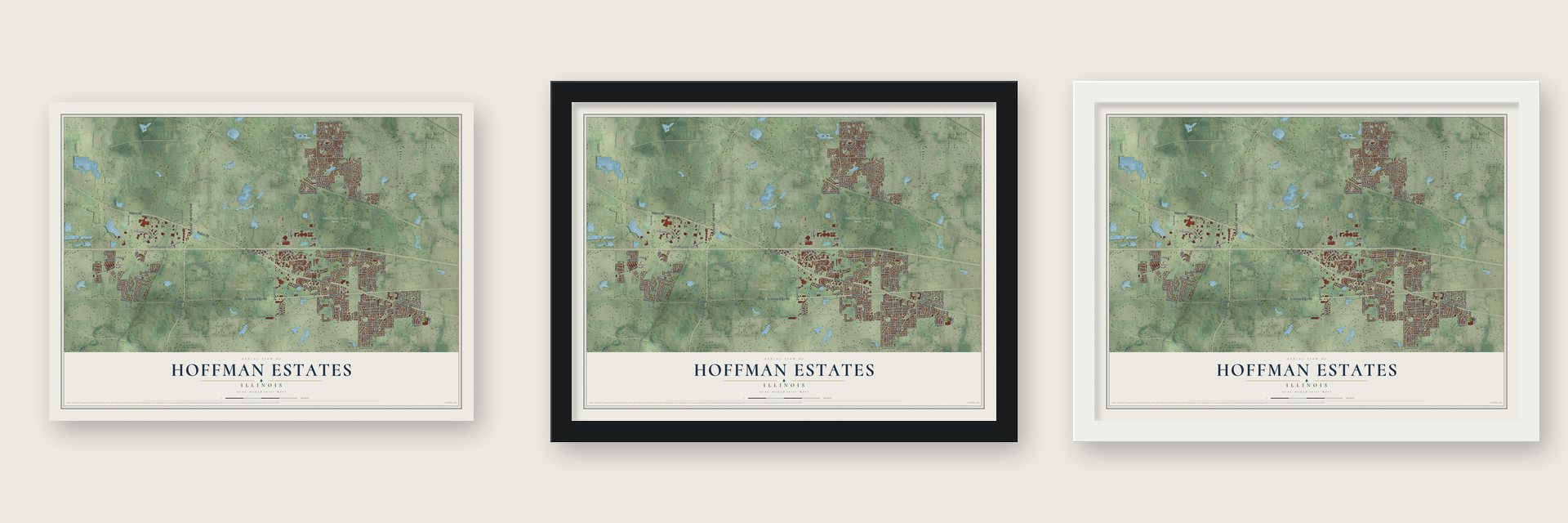 Hoffman Estates, Illinois map unframed, in a black wood frame and in a white wood frame