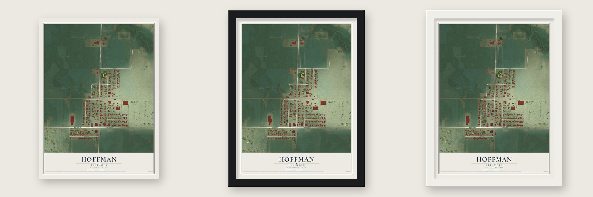 Hoffman, Illinois map unframed, in a black wood frame and in a white wood frame