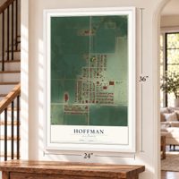 Hoffman, Illinois map, 24 x 36 inch print in a white frame by a staircase