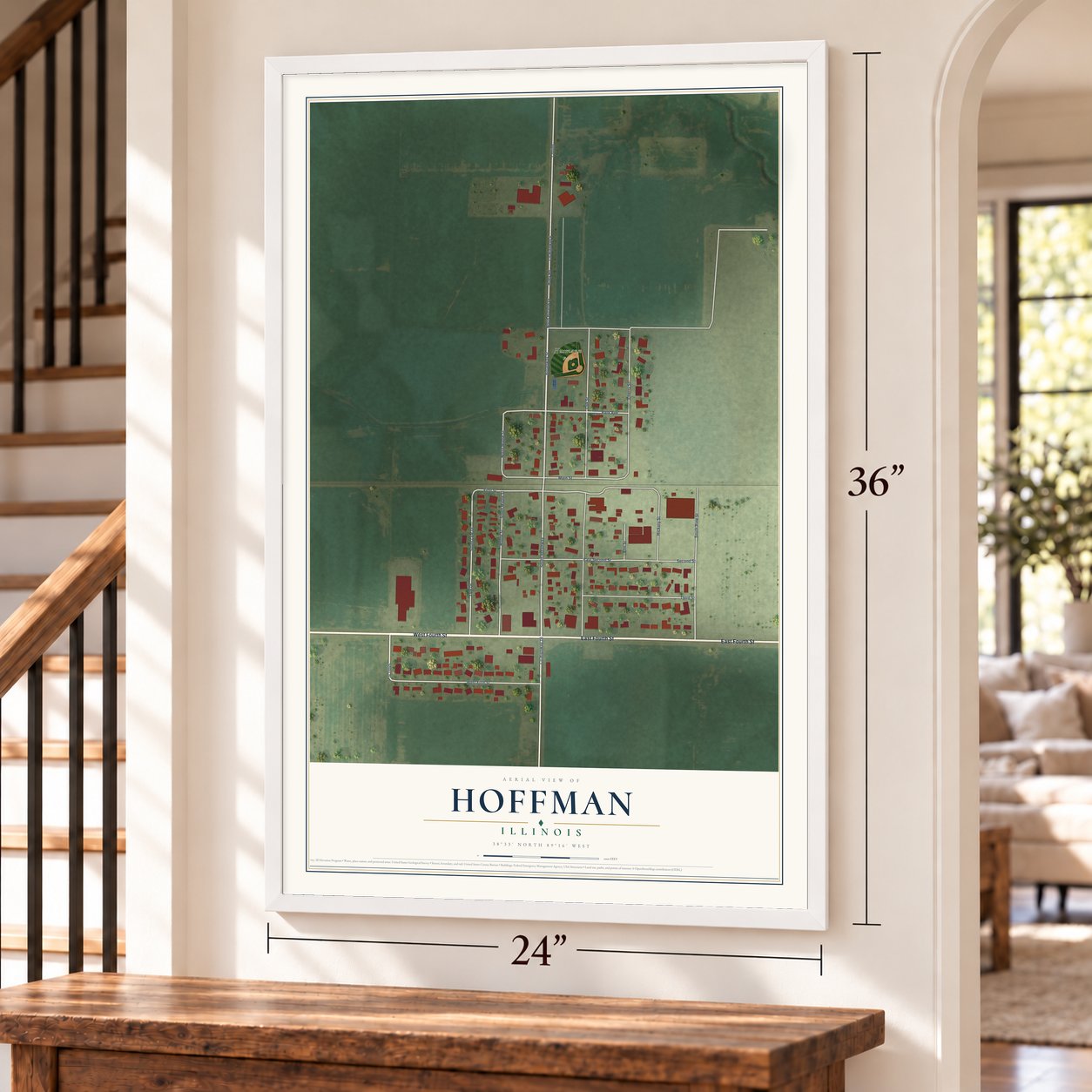 Hoffman, Illinois map, 24 x 36 inch print in a white frame by a staircase