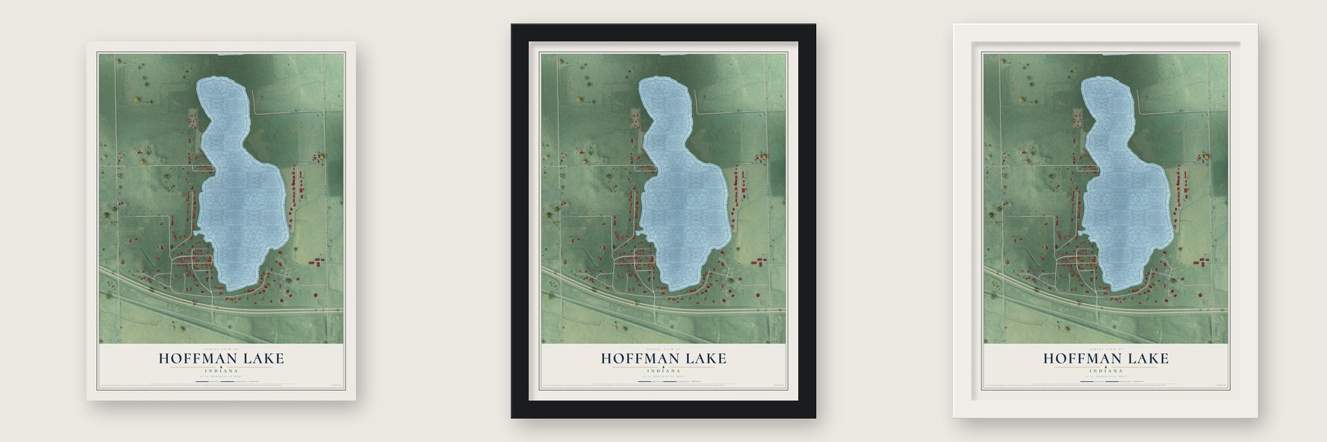 Hoffman Lake, Indiana map unframed, in a black wood frame and in a white wood frame