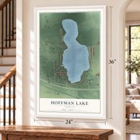 Hoffman Lake, Indiana map, 24 x 36 inch print in a white frame by a staircase