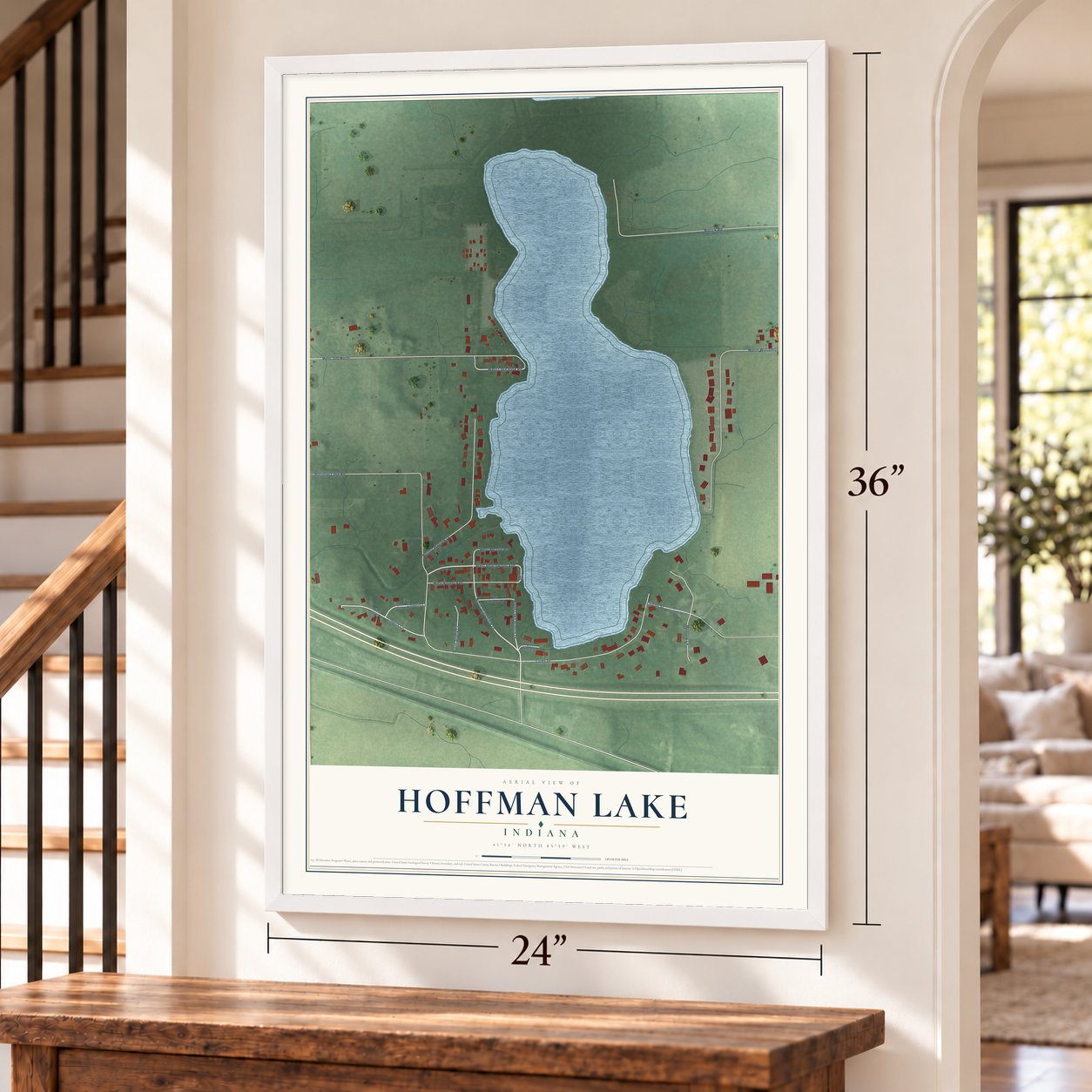 Hoffman Lake, Indiana map, 24 x 36 inch print in a white frame by a staircase