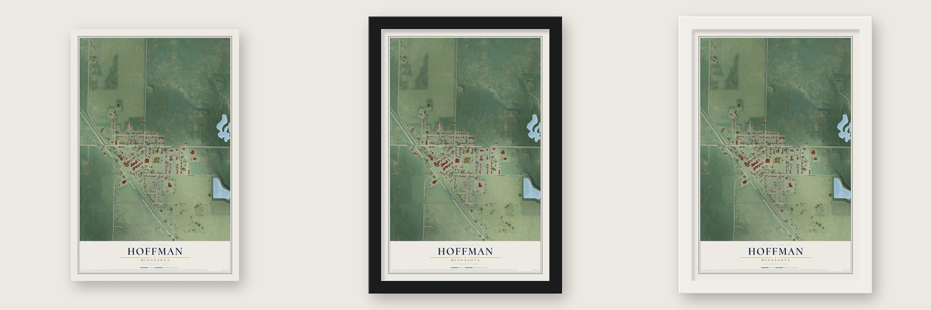 Hoffman, Minnesota map unframed, in a black wood frame and in a white wood frame