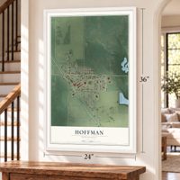 Hoffman, Minnesota map, 24 x 36 inch print in a white frame by a staircase