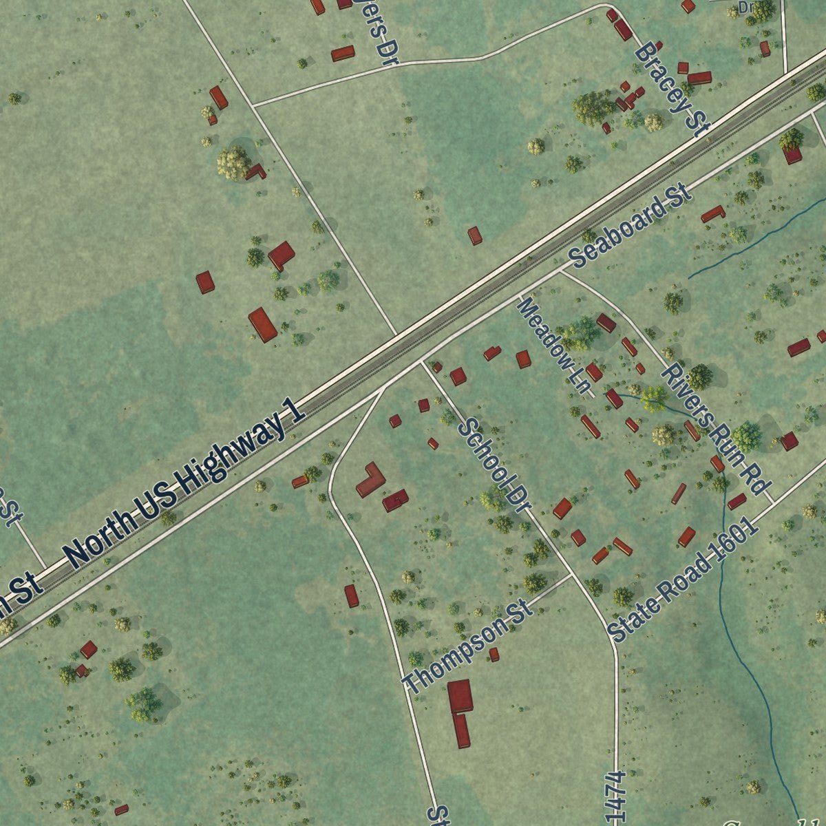 Second close-up of the map of Hoffman, North Carolina print showing more streets and buildings