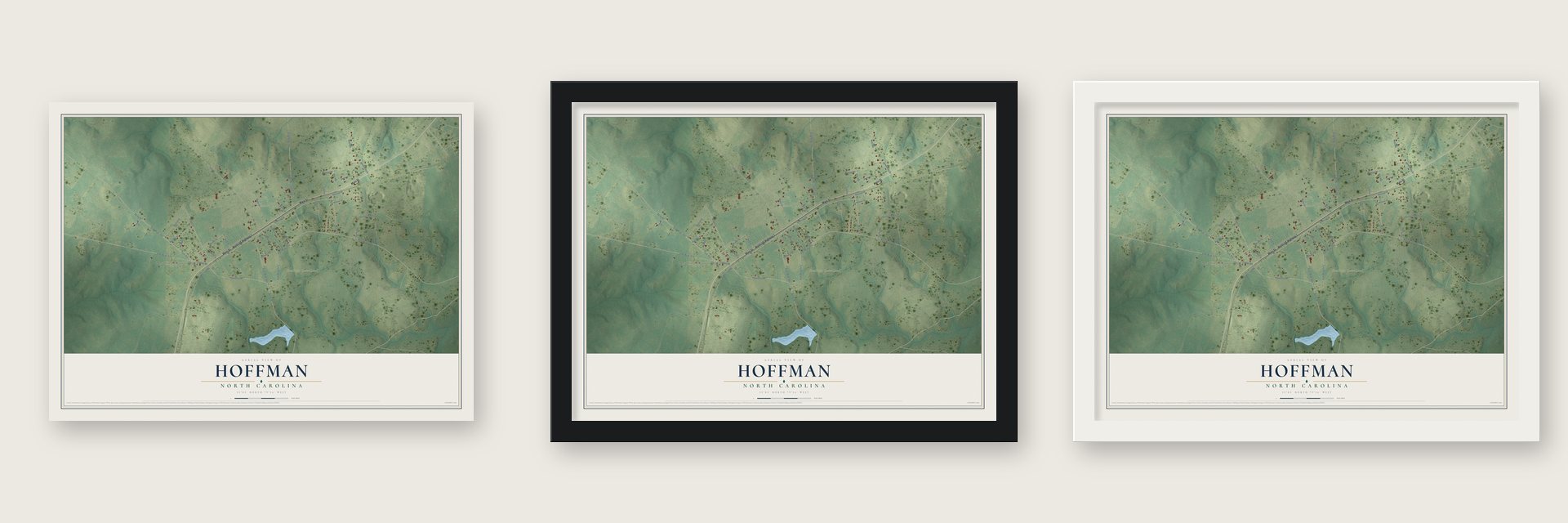 Hoffman, North Carolina map unframed, in a black wood frame and in a white wood frame