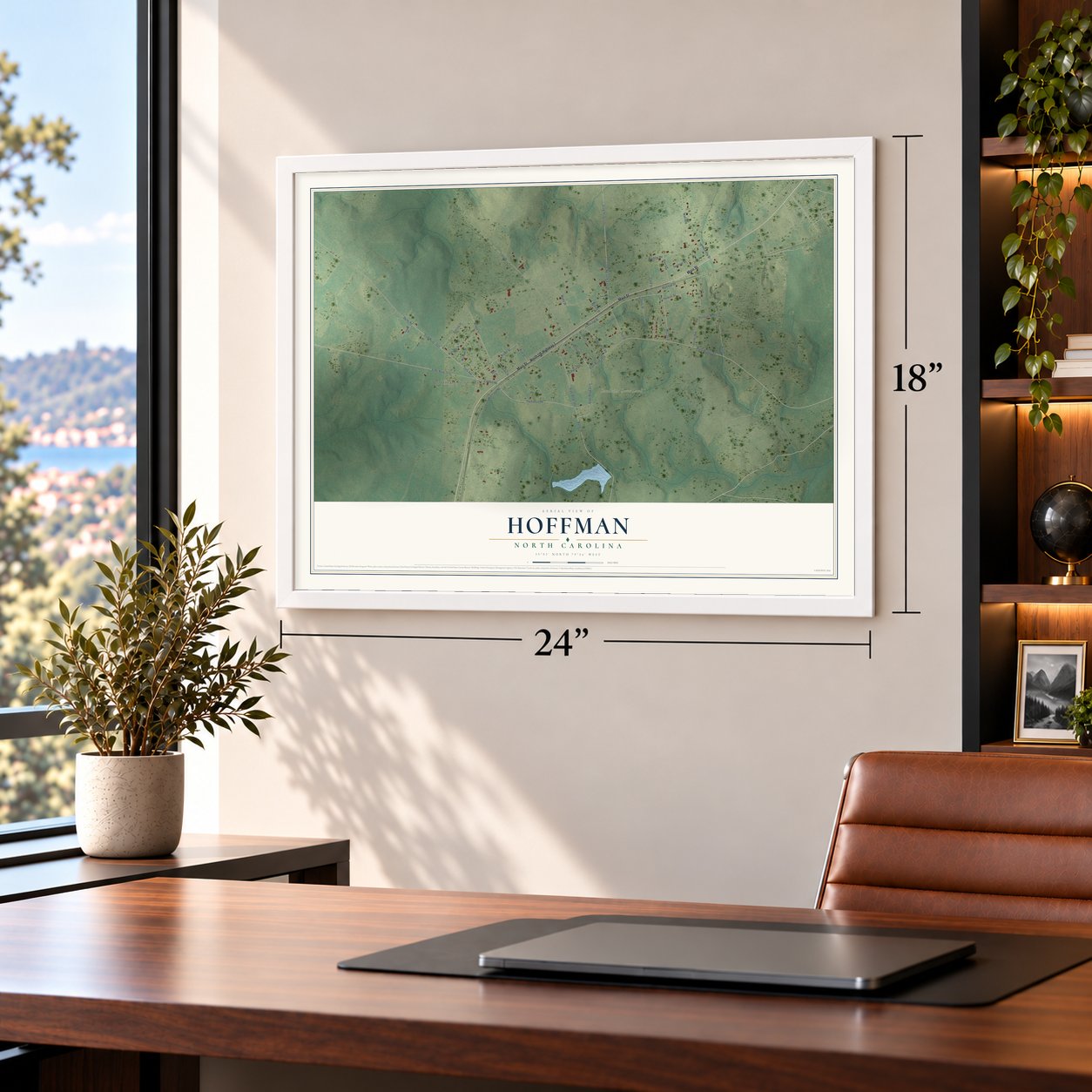 Hoffman, North Carolina map, 18 x 24 inch print in a white frame in a home office